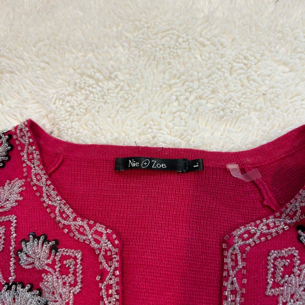NIC+ZOE Women Pink Embellish Cardigan SzL Silk Blend Feminine Chic Glam Grandma - Picture 6 of 6
